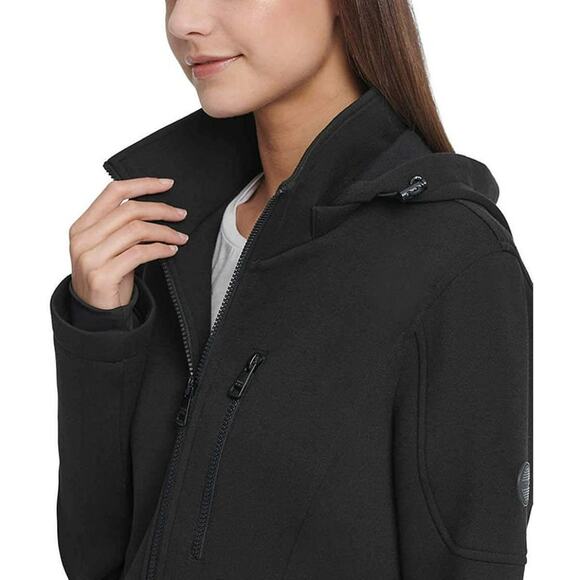 Women's L Andrew Marc Detachable Hooded Black Coat Zip-Up Scuba Jacket - Picture 2 of 7